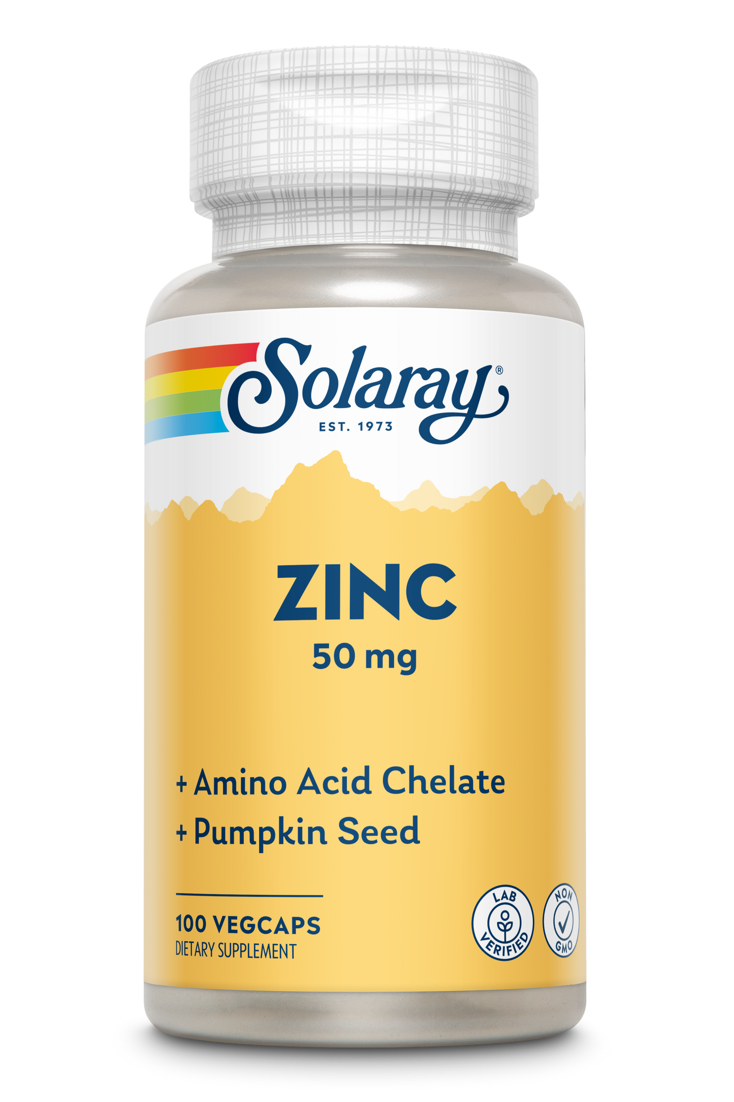 Solaray Zinc 50mg capsules with amino acid chelate and pumpkin seed for immune support.