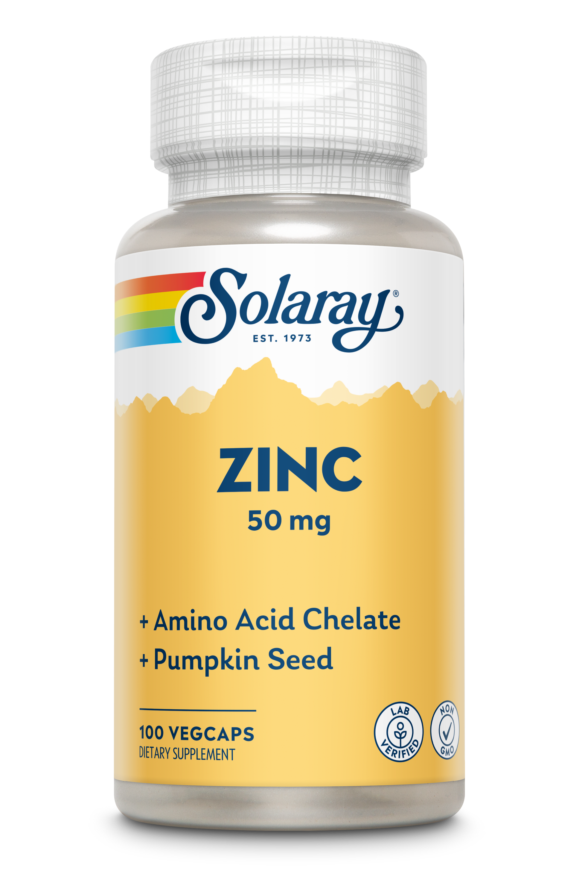 Solaray Zinc 50mg capsules with amino acid chelate and pumpkin seed for immune support.
