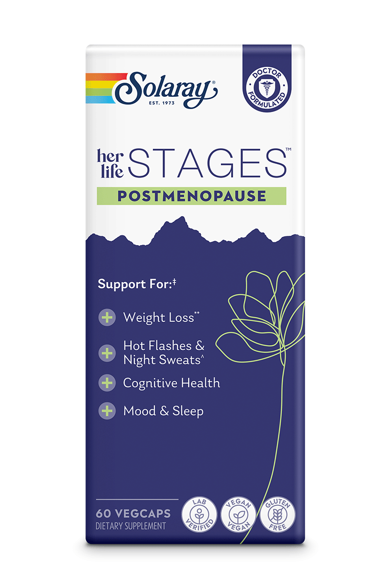 Solaray Her Life Stages Postmenopause supports weight loss, hot flashes, mood, and sleep after menopause.