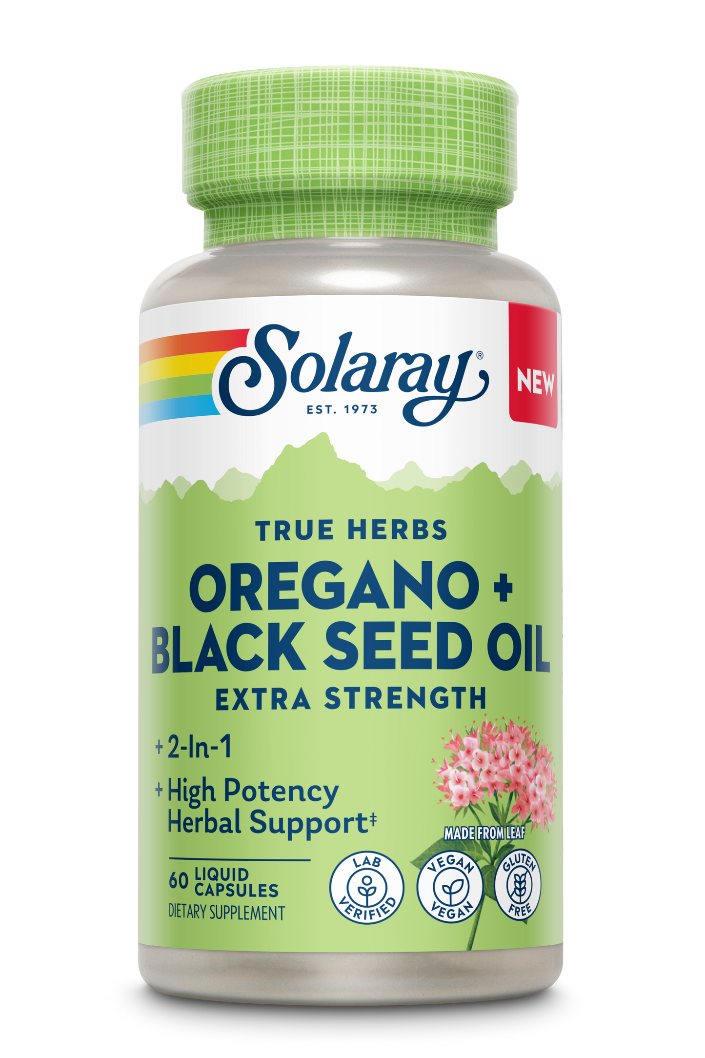 Solaray Oregano + Black Seed Oil supplement bottle with a green cap, offering herbal support.