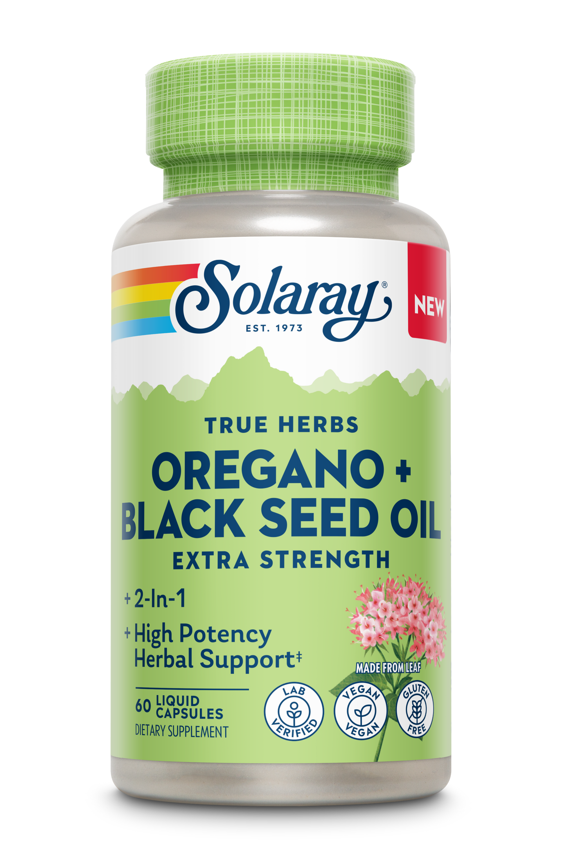 Solaray Oregano + Black Seed Oil supplement bottle with a green cap, offering herbal support.
