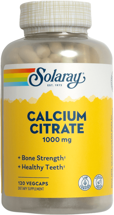 Solaray Calcium Citrate 1000mg, 120 vegcaps—a vegan supplement for bone and teeth health.