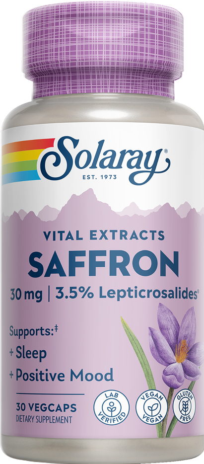 Solaray Affron Saffron Extract, 30 mg, 30 vegcaps, supports sleep and positive mood.