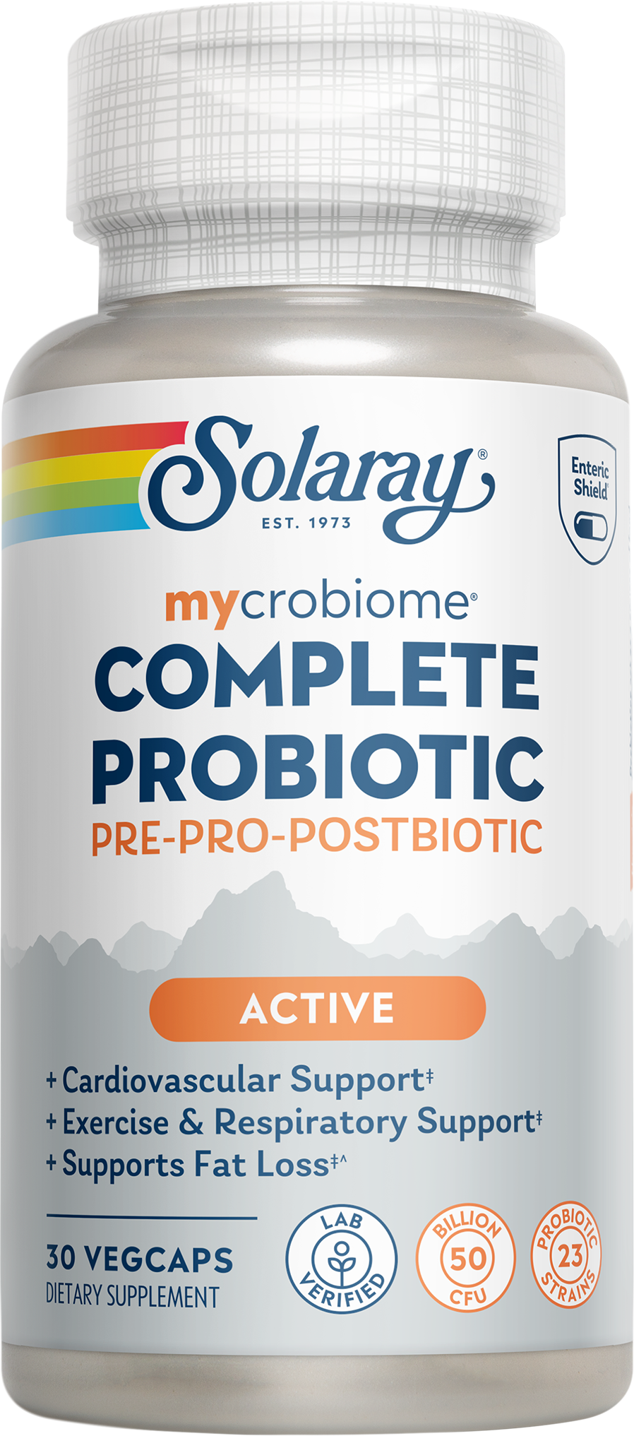 A bottle of Solaray Mycrobiome Complete Probiotic Active with 30 vegcaps and 50 billion CFU for microbiome support.