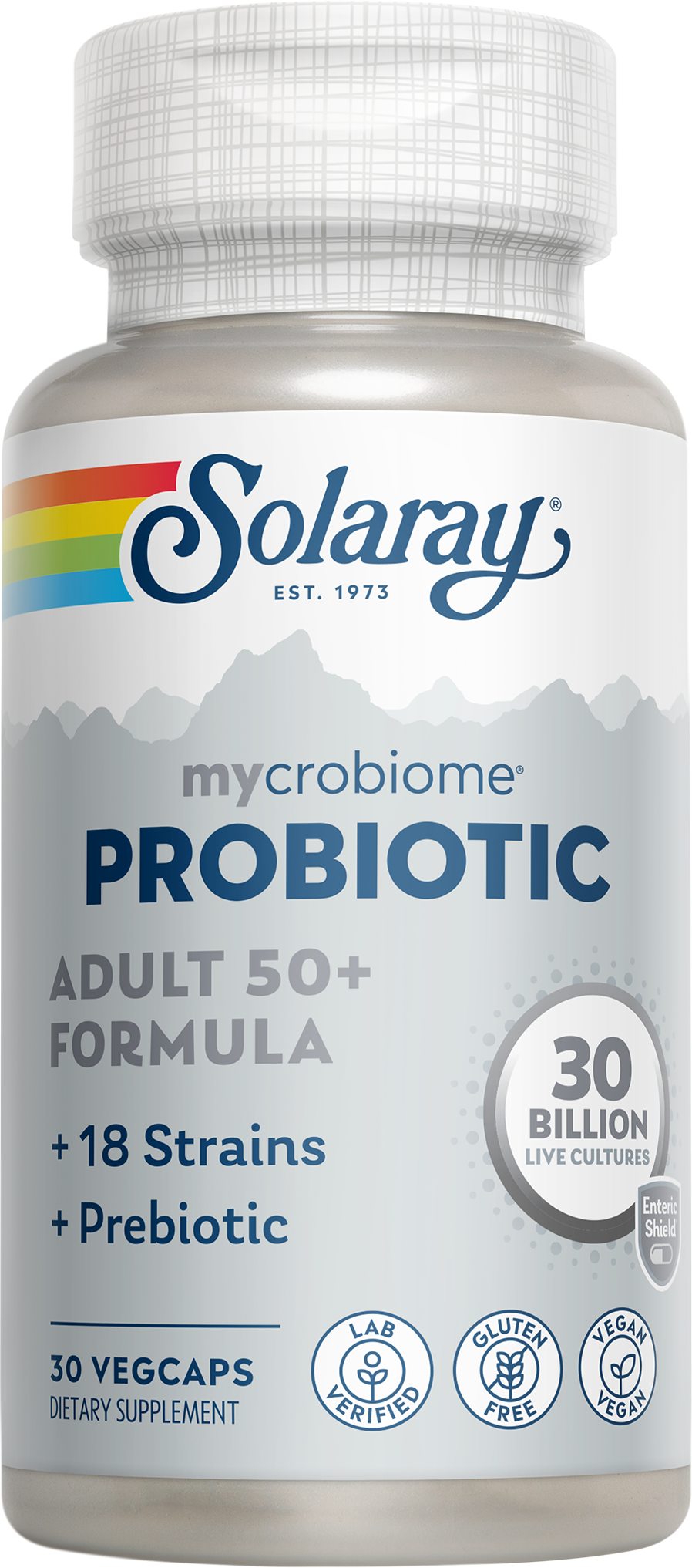 Solaray Mycrobiome Complete Probiotic Adult 50+ supports colon and cognitive health in adults.