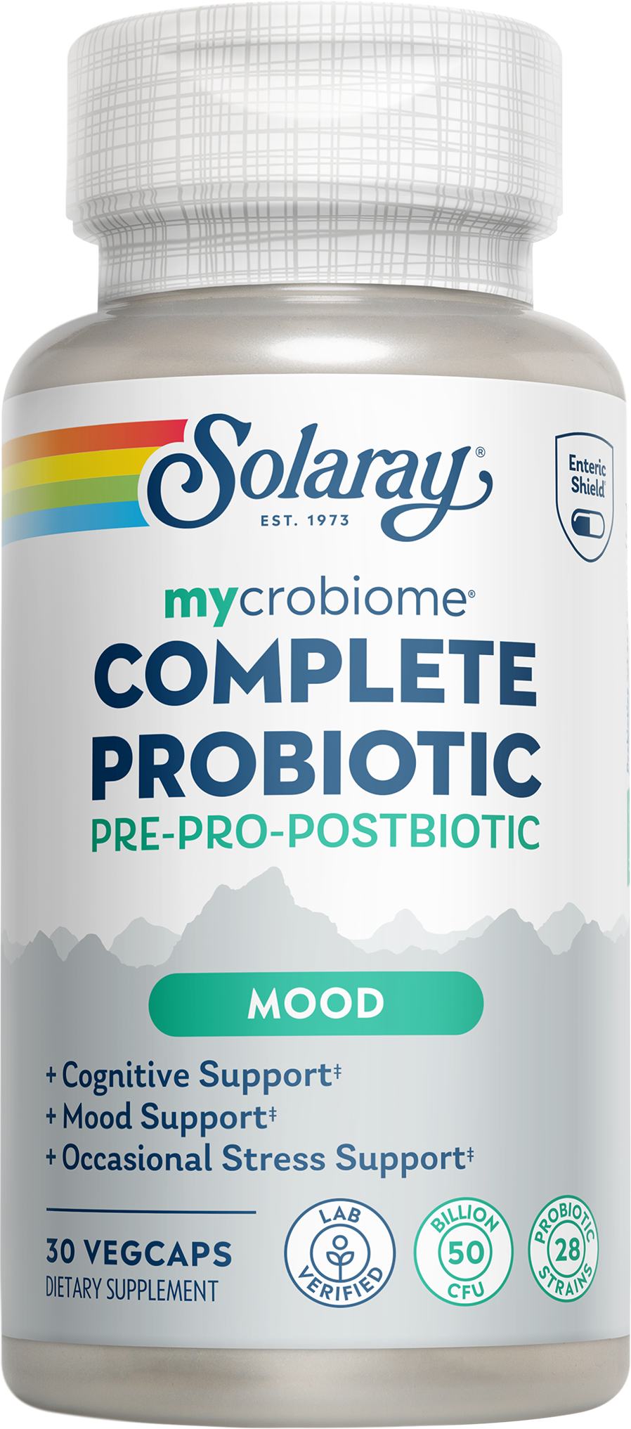 A bottle of Solaray Mycrobiome Complete Probiotic Mood, 30 vegcaps, supports cognitive health and your microbiome.