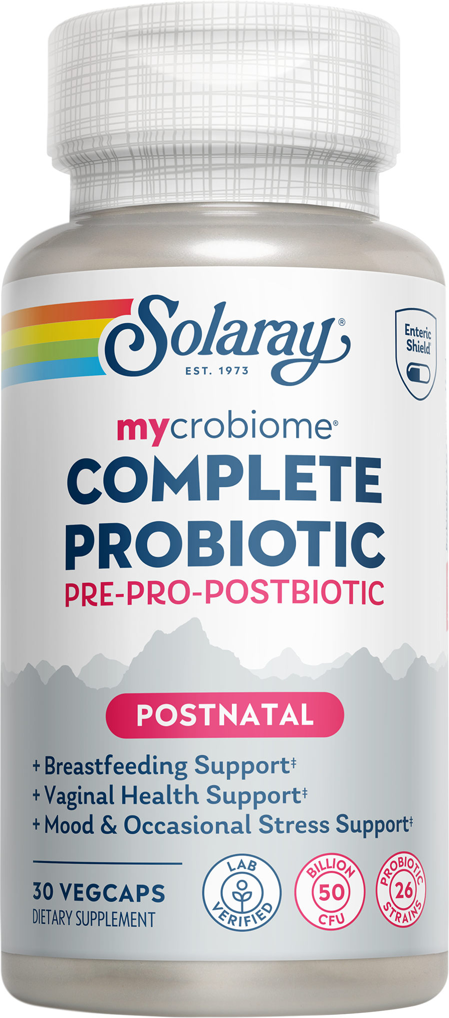 A bottle of Solaray Mycrobiome Complete Probiotic Postnatal, 30 vegcaps, supports vaginal health and breastfeeding.