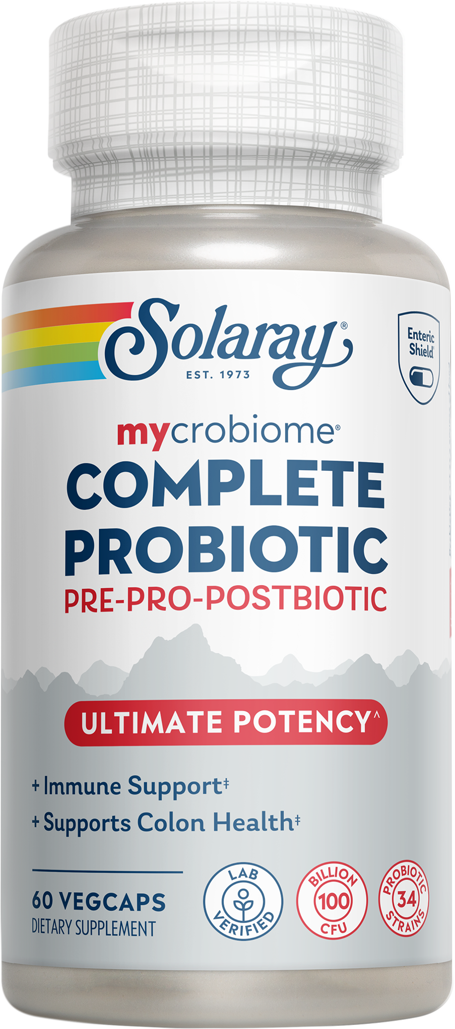 A bottle of Solaray Mycrobiome Complete Probiotic Ultimate Potency with 100 billion CFU and 60 veggie capsules.