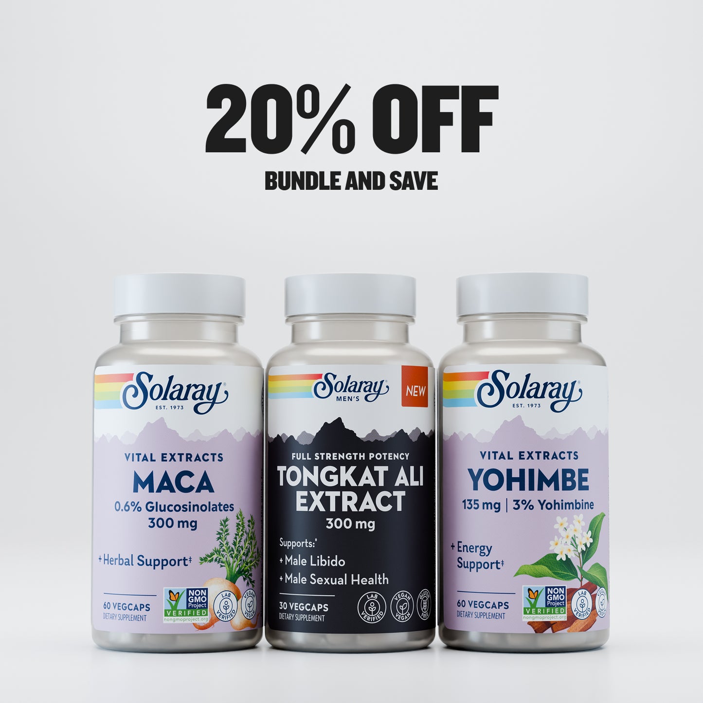 Solaray Men's Vitality Bundle supplements—20% OFF & special deal on yellow and white background.