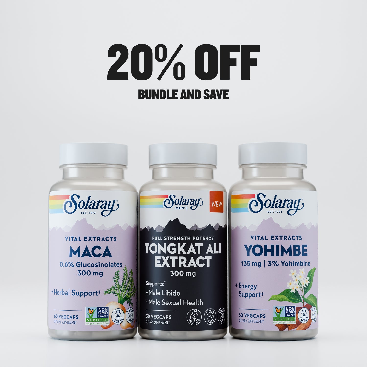 Solaray Men's Vitality Bundle supplements—20% OFF & special deal on yellow and white background.