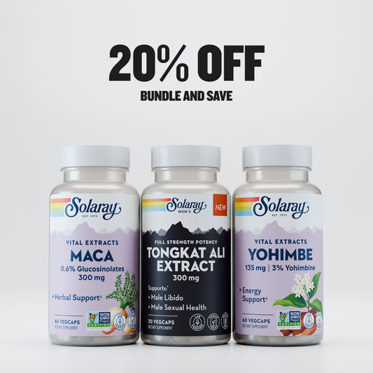 Solaray Men's Vitality Bundle supplements—20% OFF & special deal on yellow and white background.