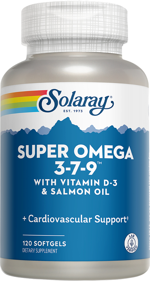 Solaray Super Omega 3-7-9, 120 softgels, with vitamin D-3 for cardiovascular support.