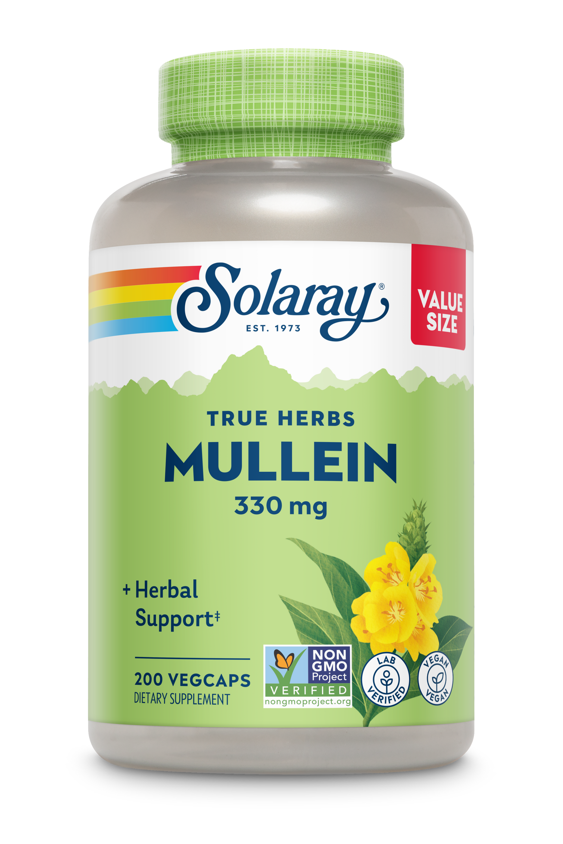 Bottle of Solaray Mullein Leaf 330mg respiratory support supplement containing 200 vegetarian capsules.