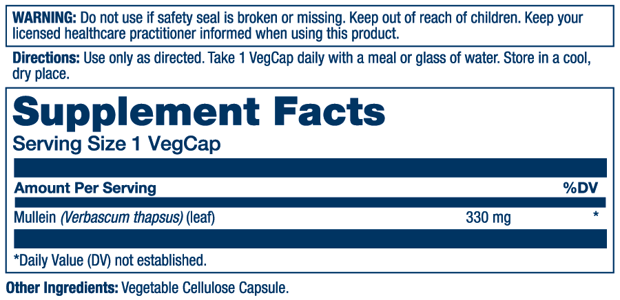 Supplement facts label for a Solaray Mullein Leaf 330mg vegetable capsule for respiratory support.