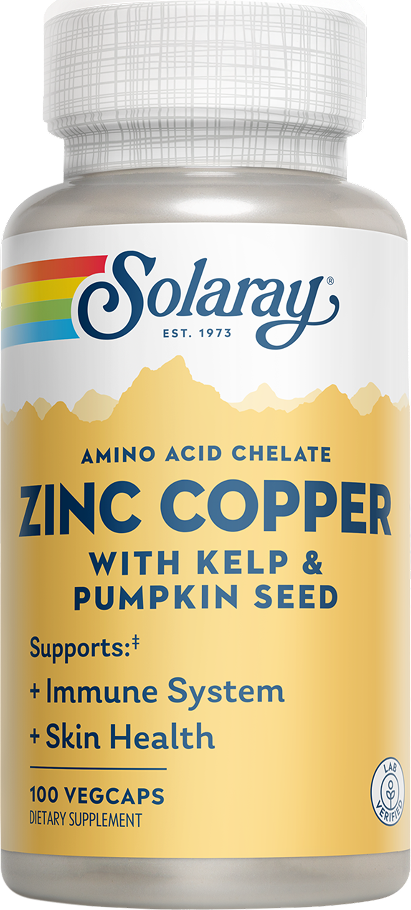 Solaray Zinc Copper supplement with kelp and pumpkin seed supports immune and thyroid health.