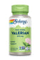 A bottle of Solaray Valerian Root 470mg supplement with a green cap and an image of pink valerian flowers.