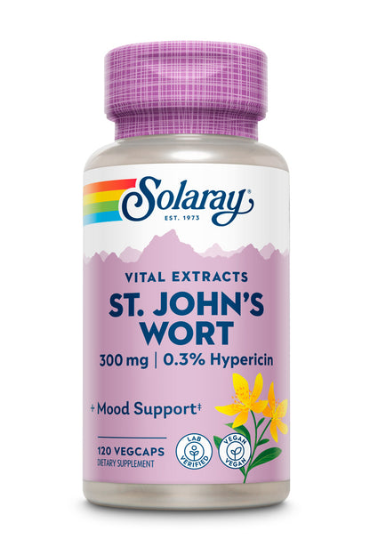 A bottle of Solaray St. John's Wort Aerial Extract 300mg with a purple cap and yellow flower on the label.