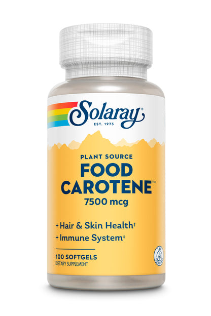 Solaray Food Carotene 7500mcg, Vitamin A as beta carotene, supports hair, skin & immune health.