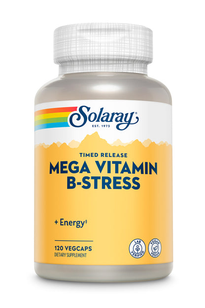 A bottle of Solaray Mega Vitamin B-Stress, Timed-Release, supports energy and nerves with 120 vegcaps.