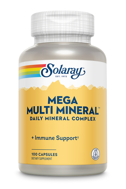 Solaray Mega Multi Mineral, 100 capsules—a multimineral supplement for immune health.