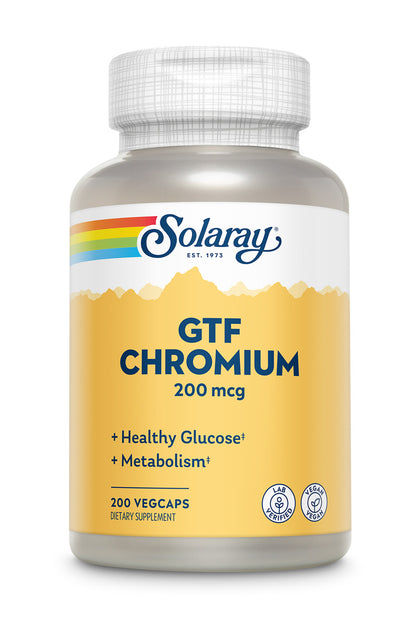 Solaray GTF Chromium 200mcg, 200 vegcaps, supports healthy glucose and blood sugar levels.