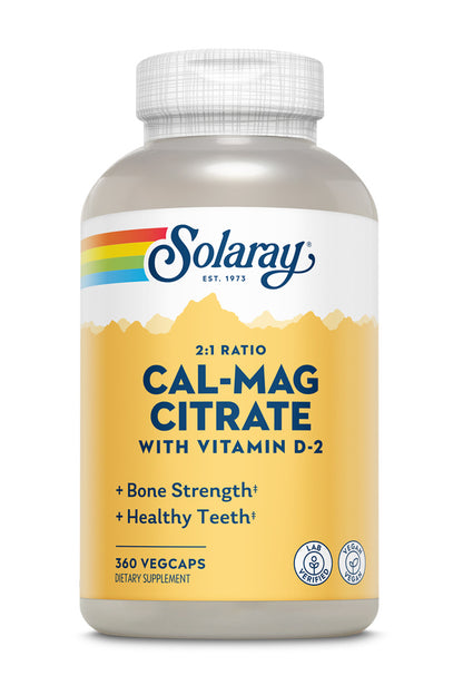 A bottle of Solaray Cal-Mag Citrate w/D-2, 2:1 Ratio, 360 vegcaps, for bone and teeth health.