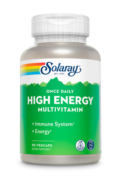A bottle of Solaray Once Daily High Energy Multivitamin, Iron-Free, 90 vegcaps with green and white labeling.