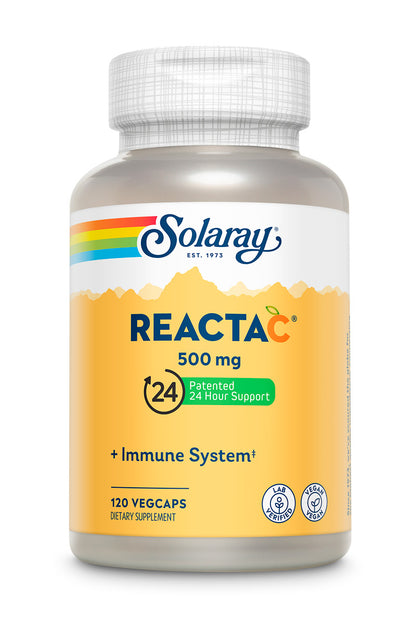 A yellow-and-white bottle of Reacta-C & Bioflavonoids 500mg, with 120 vegetable capsules for 24-hour non-acidic vitamin C immune support, features a rainbow stripe and certified lab-verified icons.